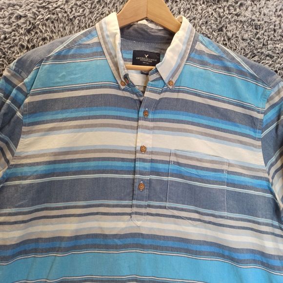 American Eagle Shirt Men XLarge Blue Striped Casual Button Up Collar Long Sleeve - Picture 2 of 8